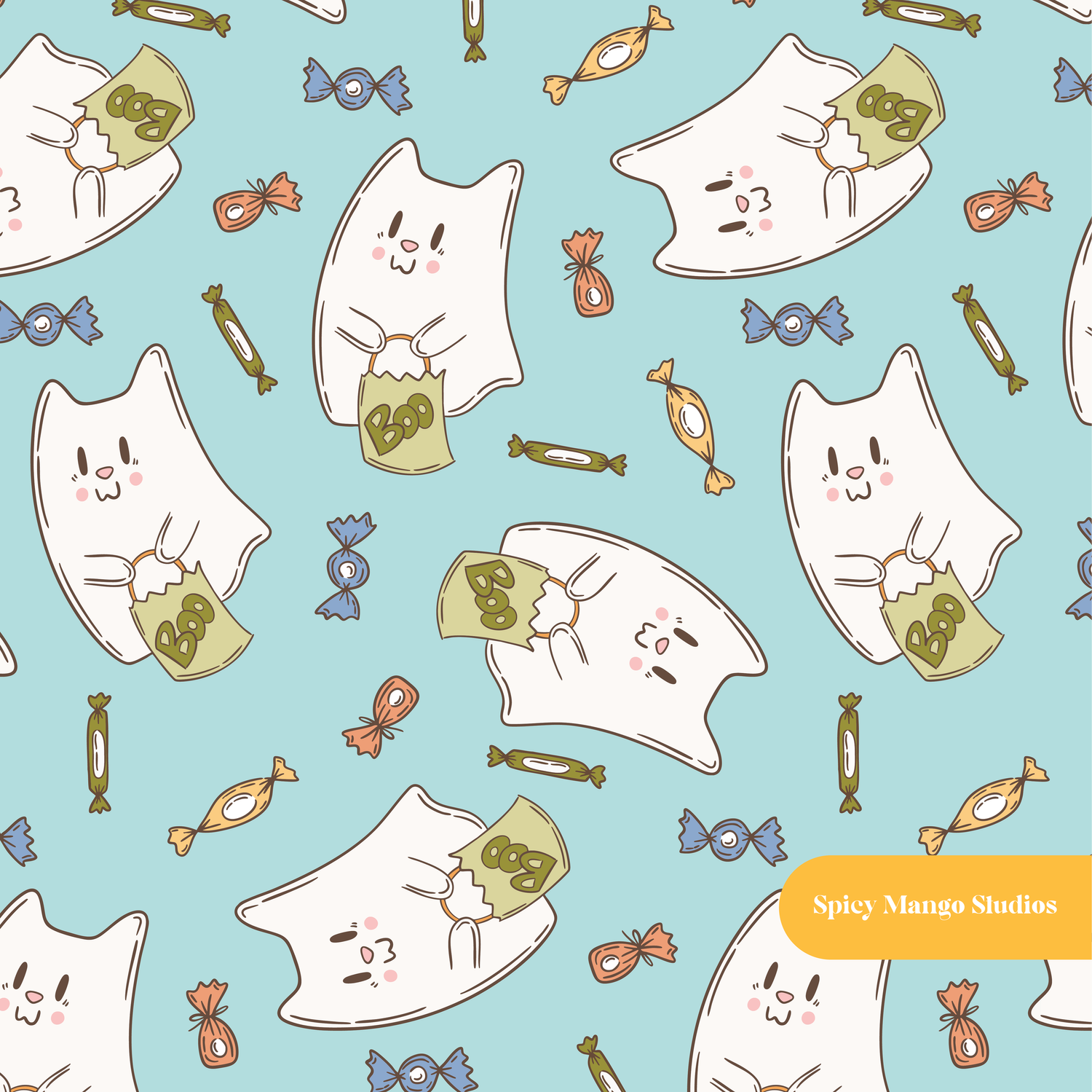 Teal Halloween Ghost Kitty Seamless Pattern