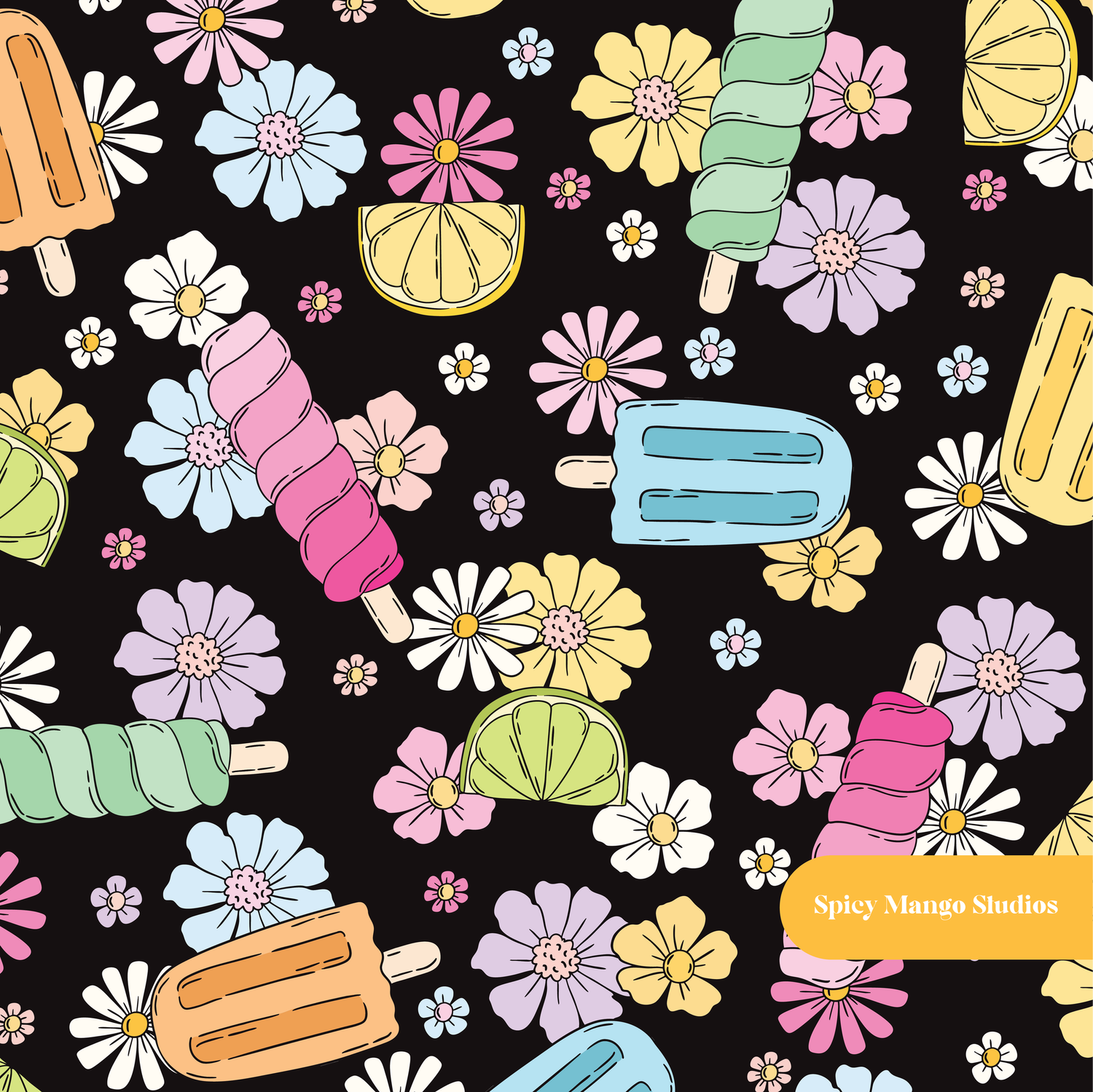 Black Popsicle Floral Seamless Pattern