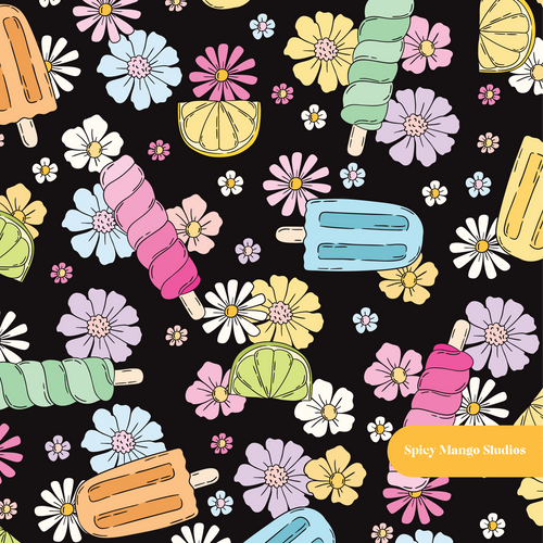 Black Popsicle Floral Seamless Pattern