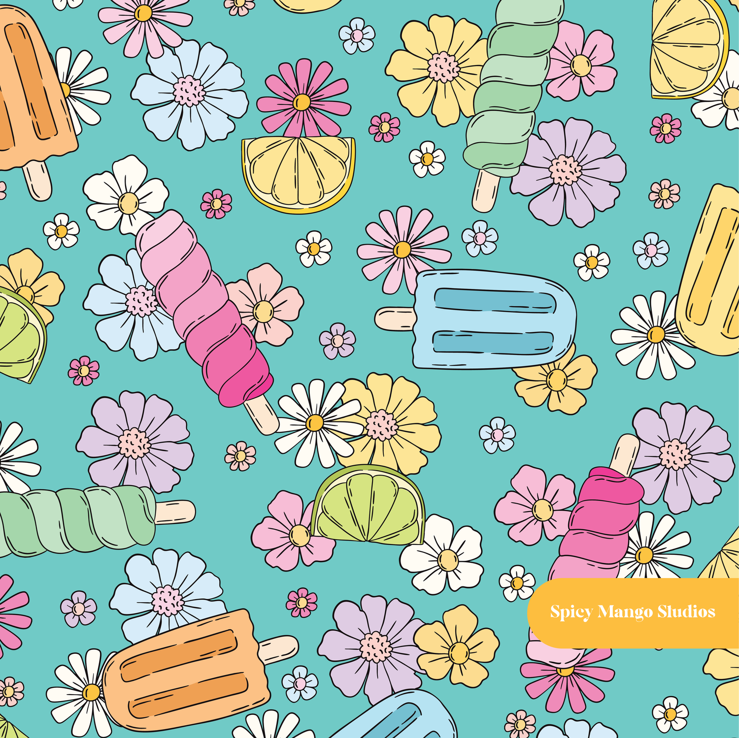 Teal Popsicle Floral Seamless Pattern