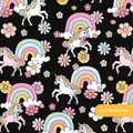 Black Rainbow Unicorn Floral Seamless Pattern