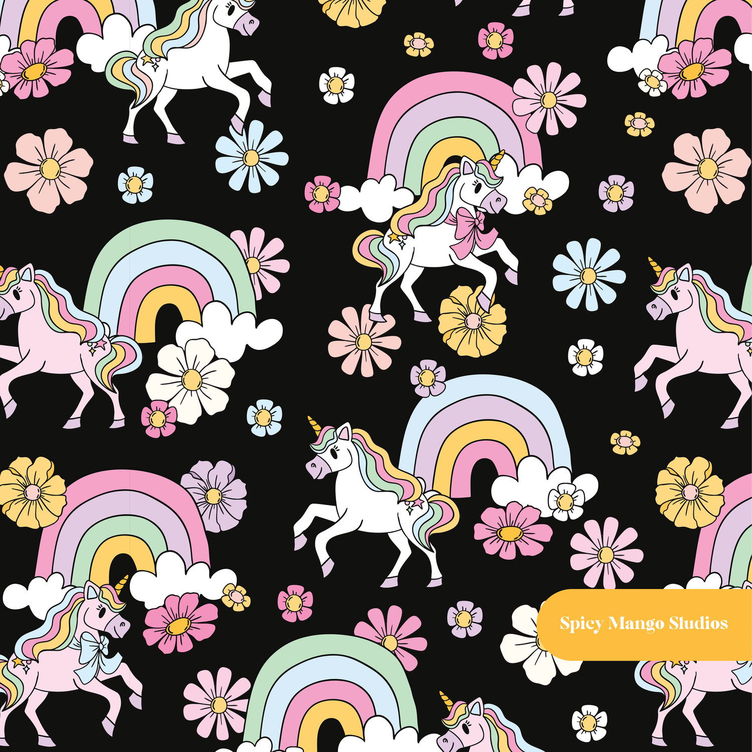 Black Rainbow Unicorn Floral Seamless Pattern