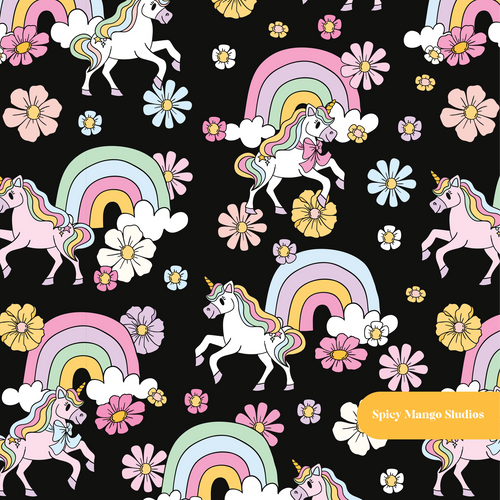 Black Rainbow Unicorn Floral Seamless Pattern