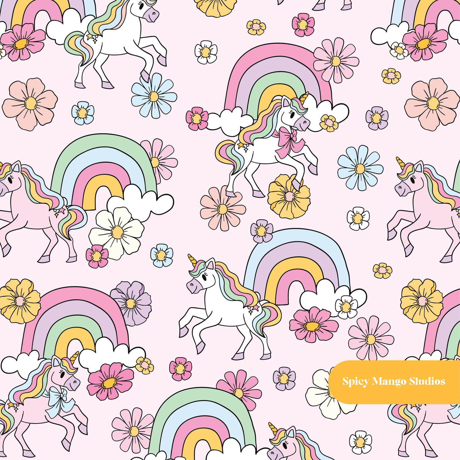 Light Pink Rainbow Unicorn Floral Seamless Pattern