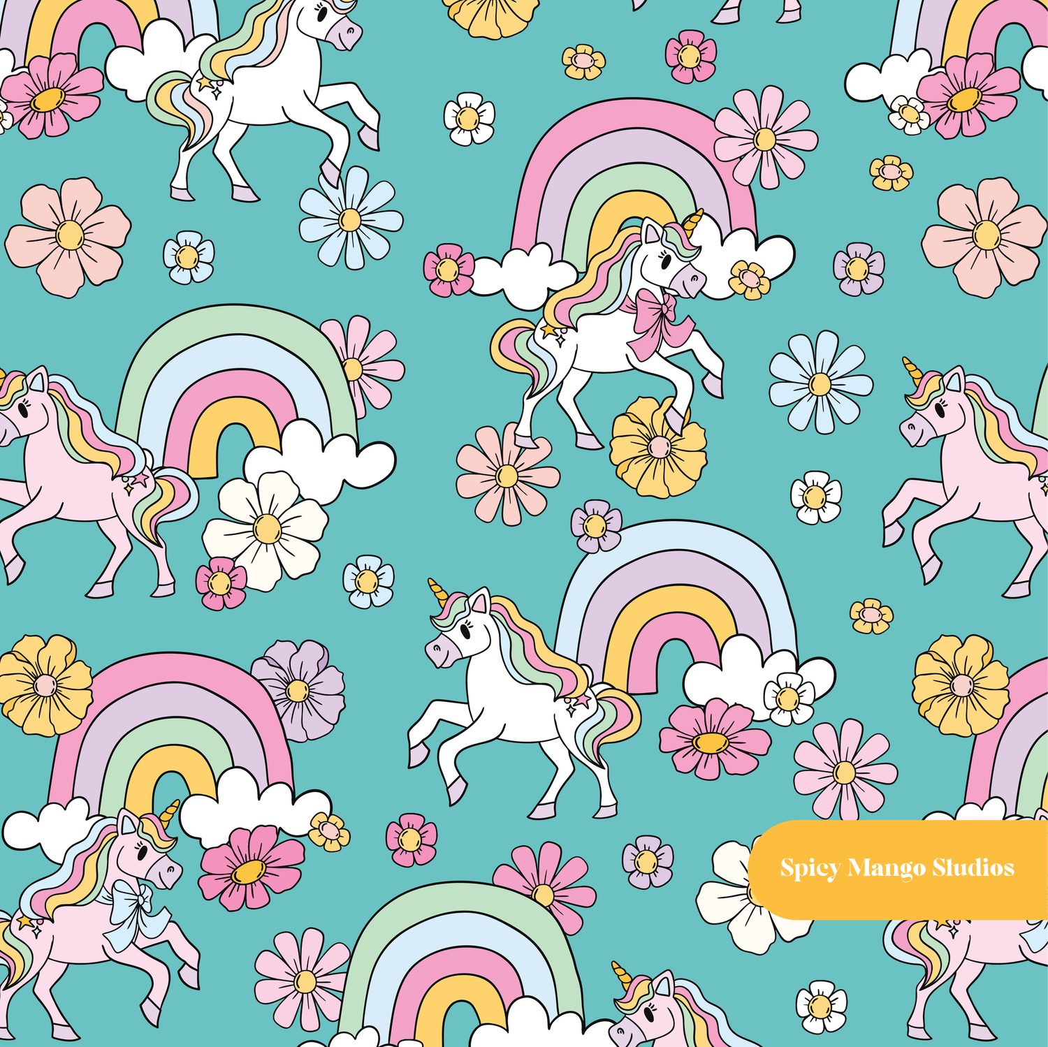 Teal Rainbow Unicorn Floral Seamless Pattern